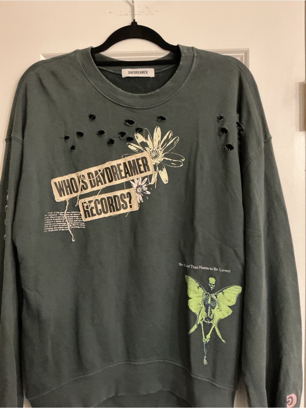 Daydreamer Olive Green Graphic Distressed Sweatshirt with Beige Sunflower - Picture 3 of 5